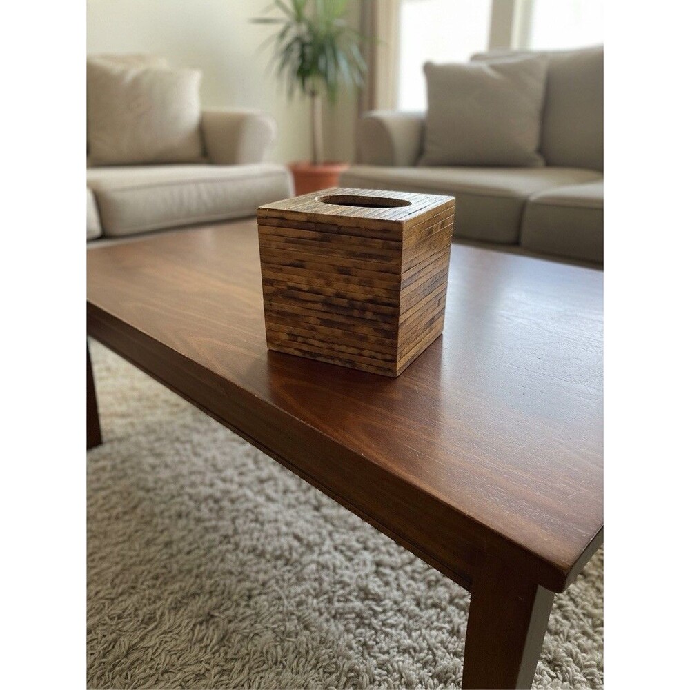 VTG. 70'S BURNT BAMBOO Wooden SQUARE TISSUE BOX COVER HOLLYWOOD REGENCY